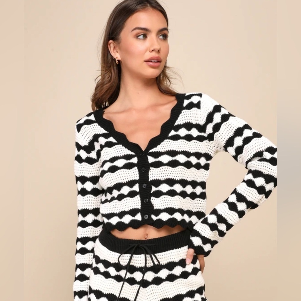 Lulus Stylish Bliss Ivory and Black Striped Crochet Cardigan Medium